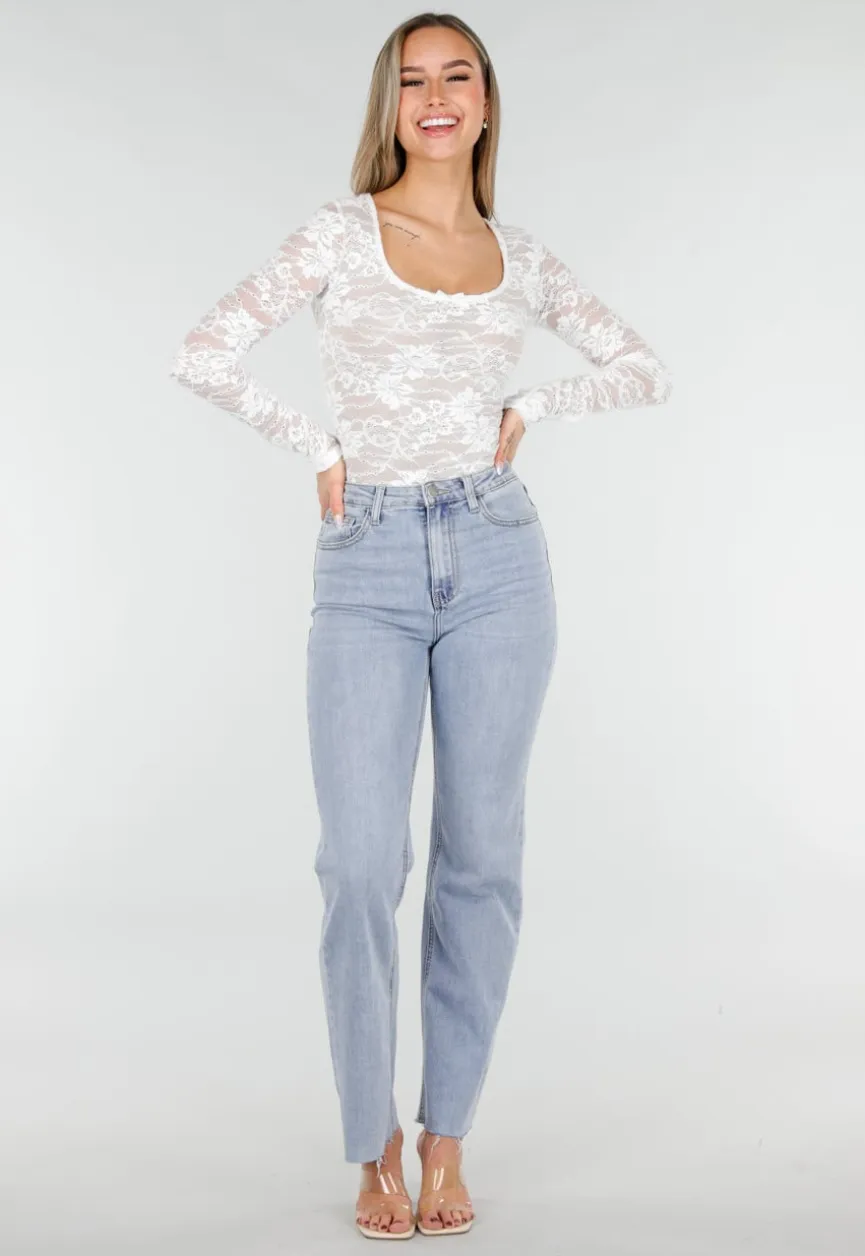 Witte Kanten Stretch Top met Lange Mouwen