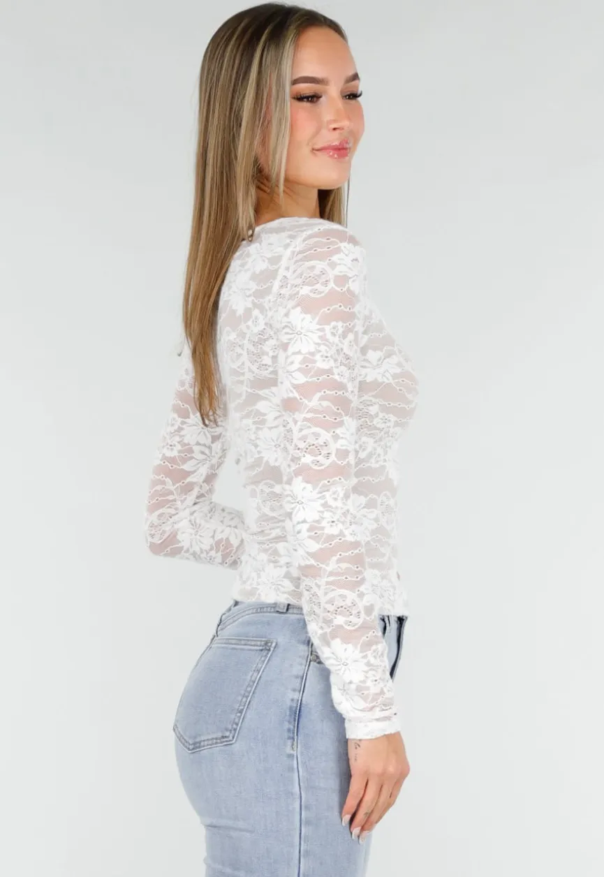 Witte Kanten Stretch Top met Lange Mouwen