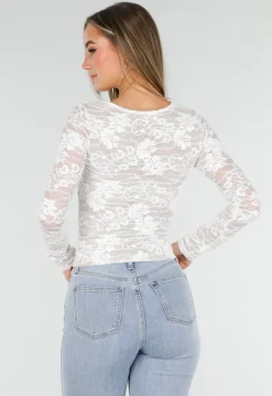 Witte Kanten Stretch Top met Lange Mouwen