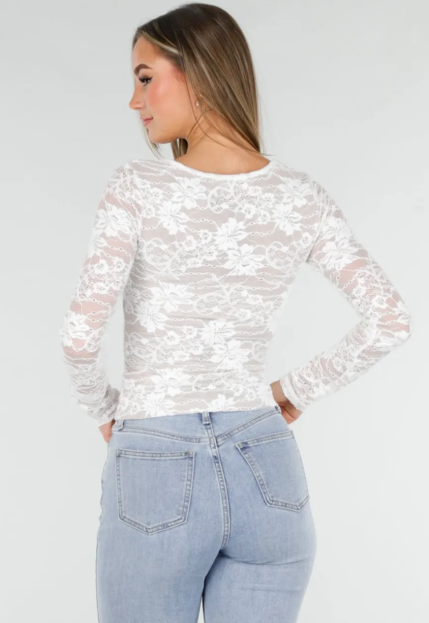 Witte Kanten Stretch Top met Lange Mouwen
