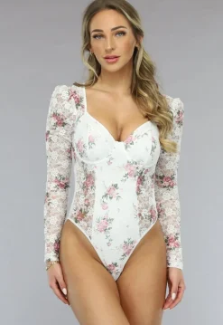 Witte Kanten Vintage Print Bodysuit met Cups
