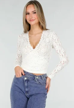 Witte Kanten Wikkel Top met Lange Mouwen