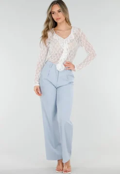 Witte Kant Top met Ruches en Lange Mouwen