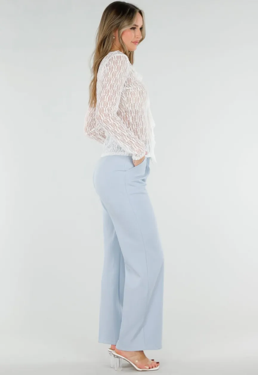 Witte Kant Top met Ruches en Lange Mouwen