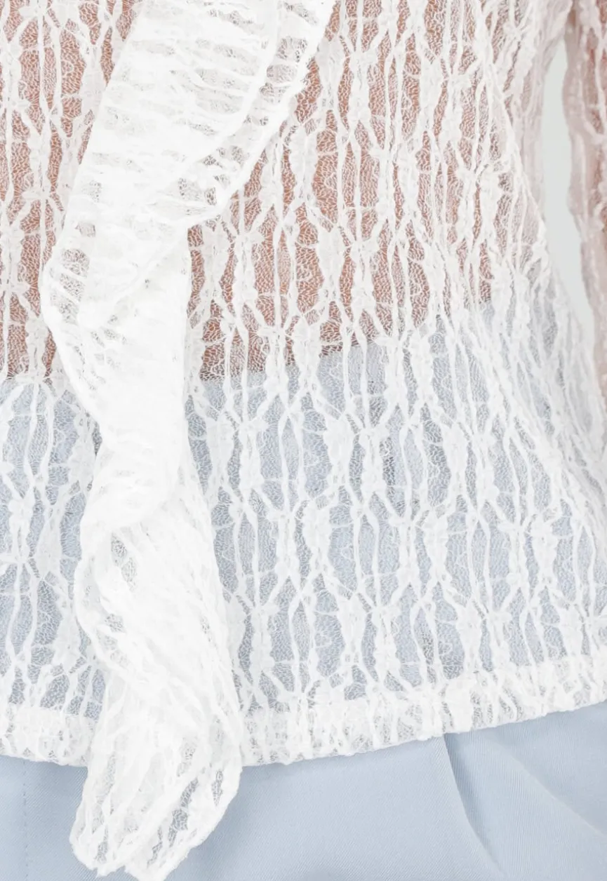 Witte Kant Top met Ruches en Lange Mouwen