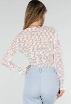 Witte Kant Top met Ruches en Lange Mouwen