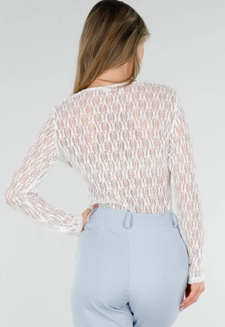 Witte Kant Top met Ruches en Lange Mouwen