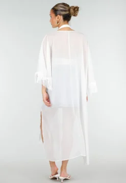 Witte Kimono met Halflange Mouwen Franjes en Striksluiting