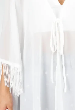 Witte Kimono met Halflange Mouwen Franjes en Striksluiting