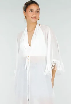 Witte Kimono met Halflange Mouwen Franjes en Striksluiting