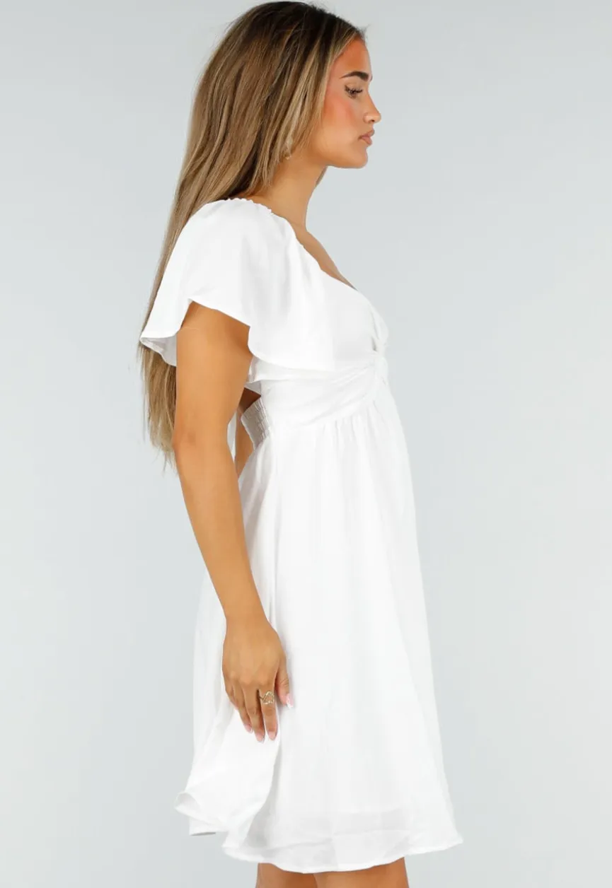 Witte Korte Jurk met Strik, Open Rug en Korte Mouwen