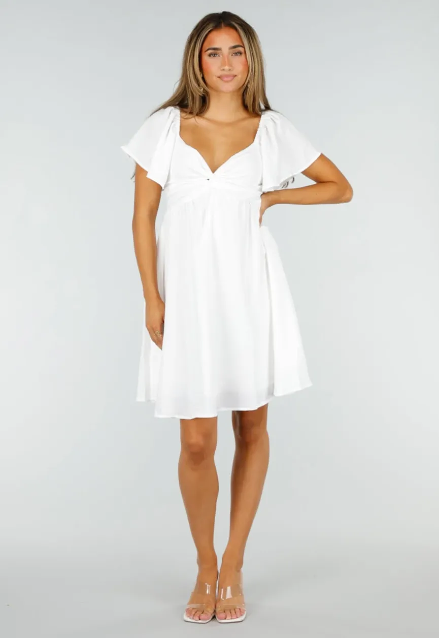 Witte Korte Jurk met Strik, Open Rug en Korte Mouwen