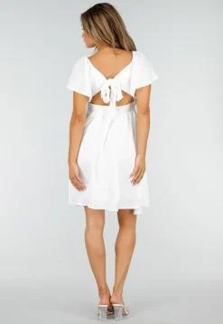 Witte Korte Jurk met Strik, Open Rug en Korte Mouwen