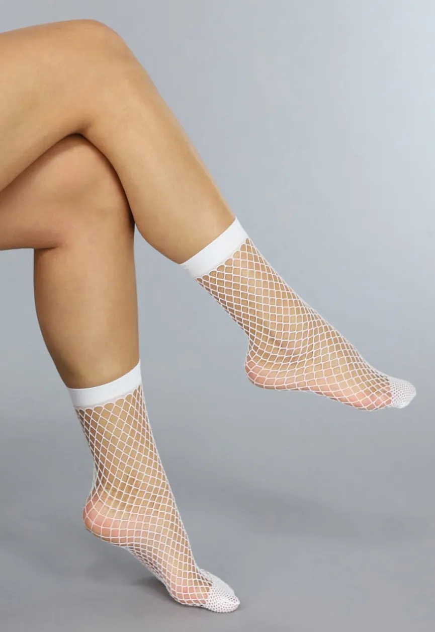 Witte Korte Pantykousen met Klein Fishnet Patroon