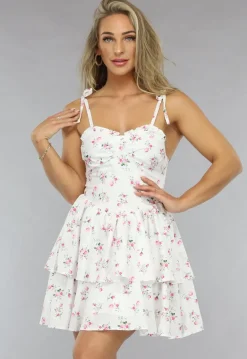 Witte Layered Bloemenjurk met Strikdetail