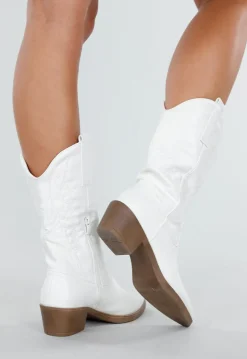 Witte Leatherlook Westernlaarzen met Rechte Hak