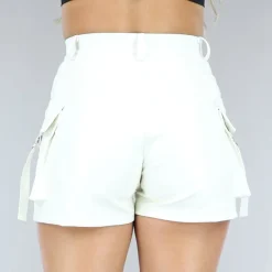 Witte Lederlook Cargo Short met Hoge Taille