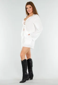 Witte Linnenlook 2-Piece Met Striksluiting En Lange Mouwen