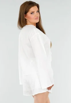 Witte Linnenlook 2-Piece Met Striksluiting En Lange Mouwen