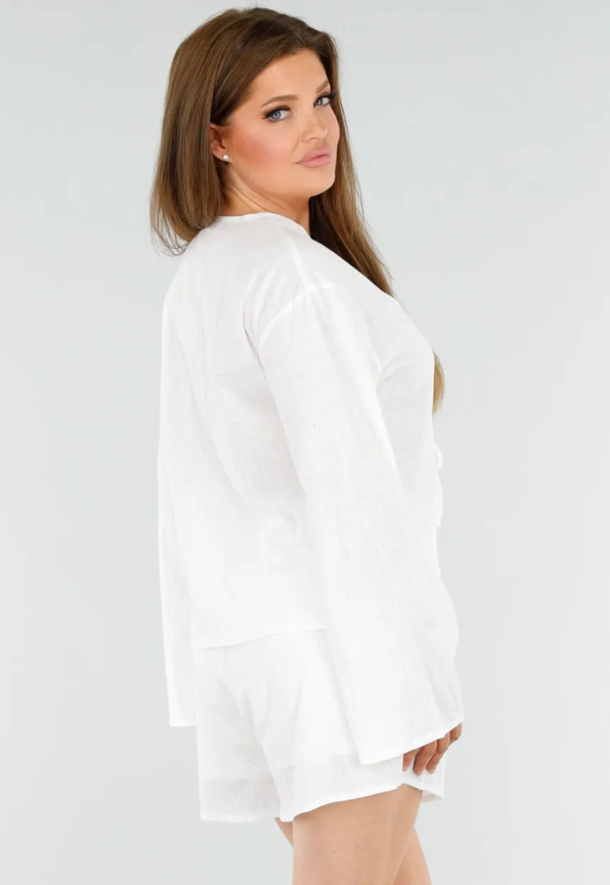 Witte Linnenlook 2-Piece Met Striksluiting En Lange Mouwen