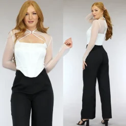 Witte Longsleeve Korset Top met Mesh Mouwen