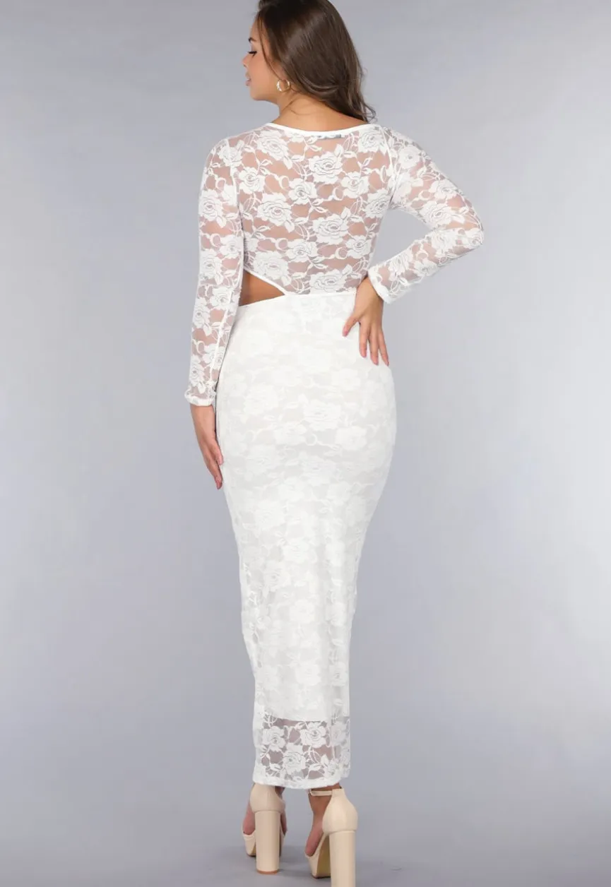 Witte Longsleeve Lace Jurk met Cut-Outs