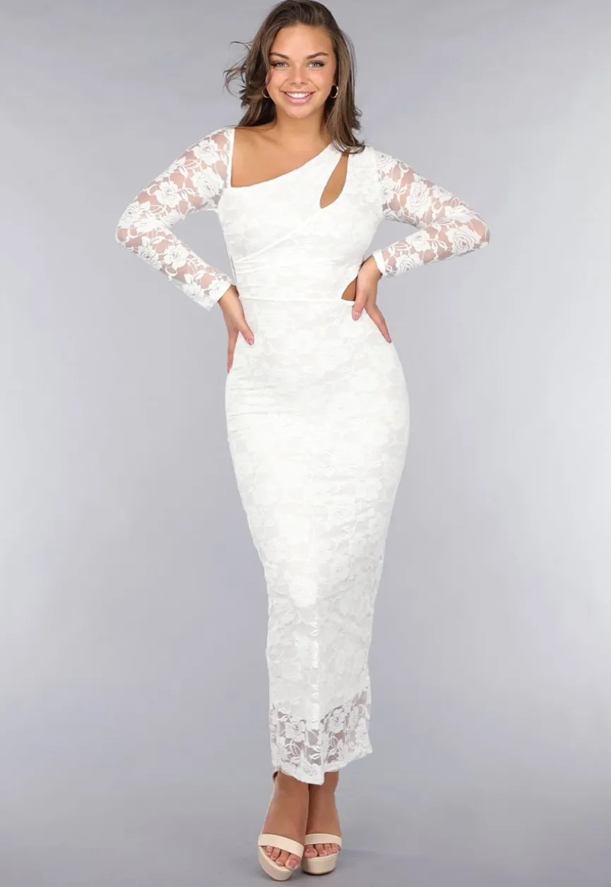 Witte Longsleeve Lace Jurk met Cut-Outs