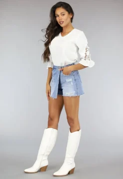 Witte Losse Blouse met Gehaakte Mouwen