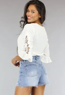 Witte Losse Blouse met Gehaakte Mouwen