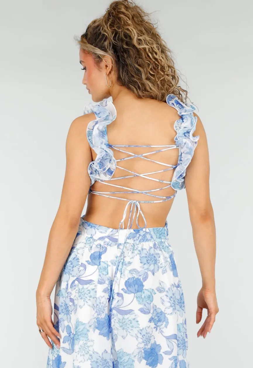 Witte Maxi Jurk met Blauwe Bloemenprint en Ruches