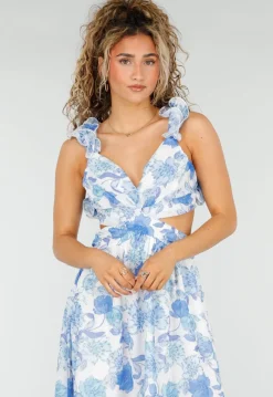 Witte Maxi Jurk met Blauwe Bloemenprint en Ruches