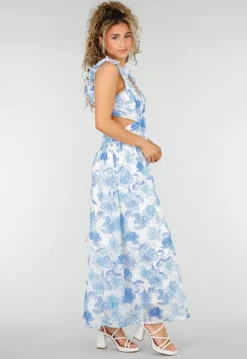 Witte Maxi Jurk met Blauwe Bloemenprint en Ruches