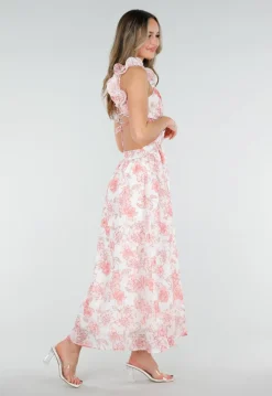 Witte Maxi Jurk met Roze Bloemenprint en Ruches