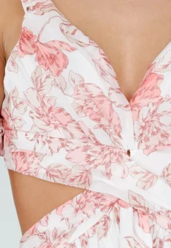 Witte Maxi Jurk met Roze Bloemenprint en Ruches