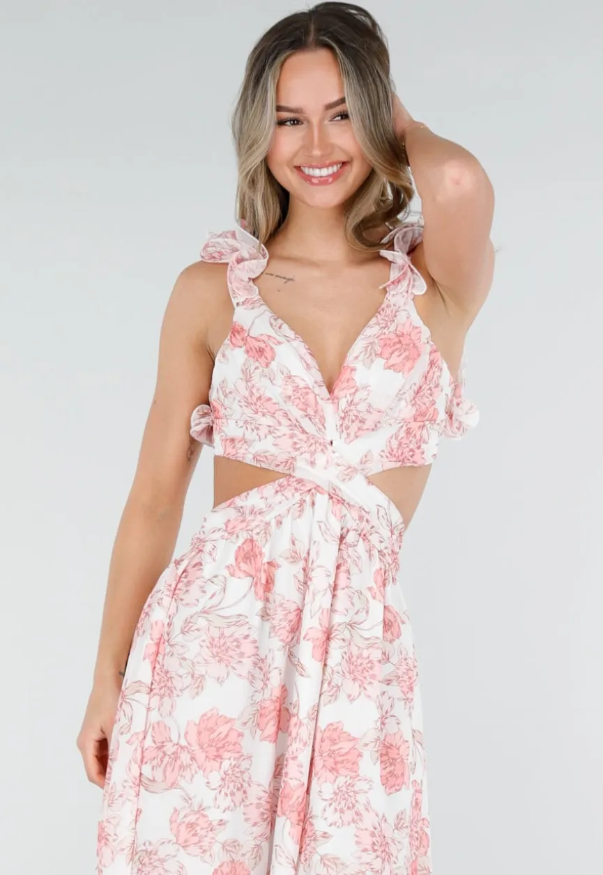 Witte Maxi Jurk met Roze Bloemenprint en Ruches