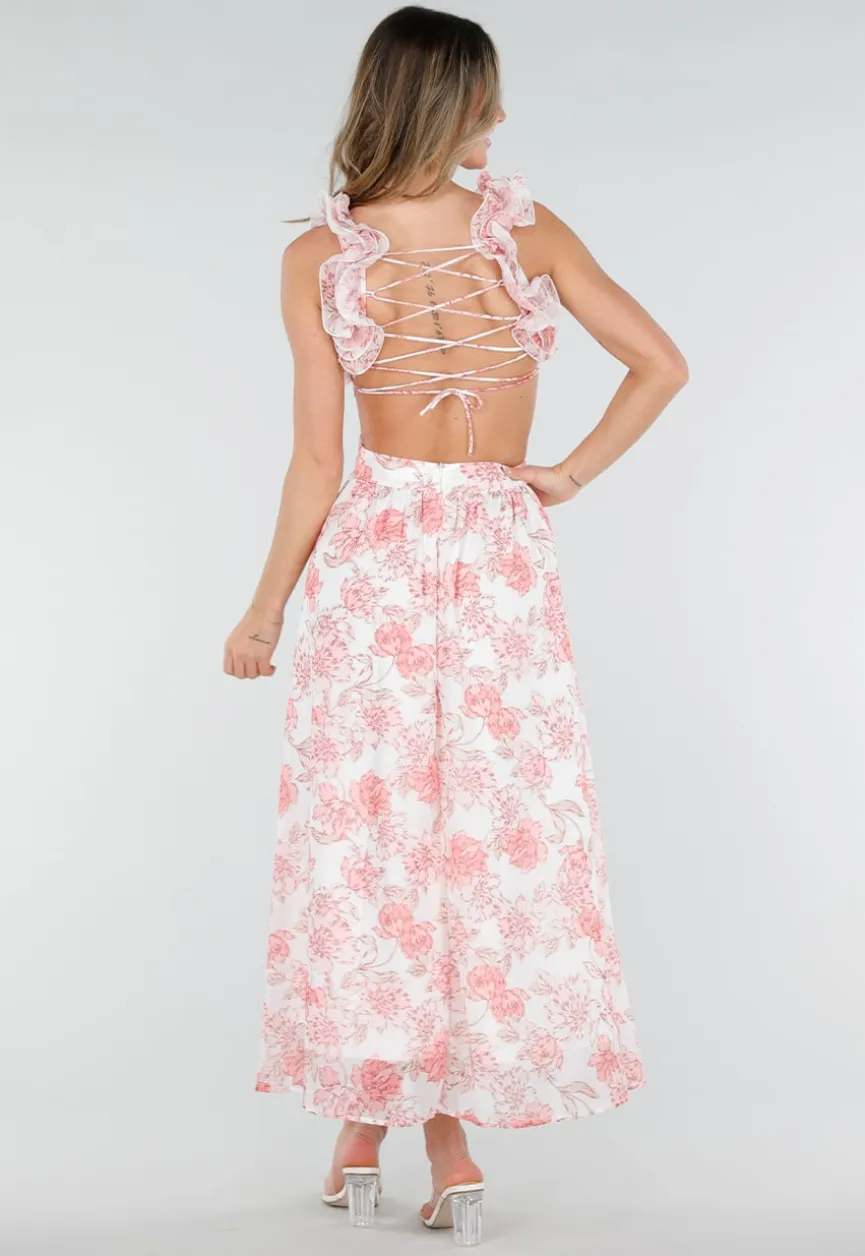 Witte Maxi Jurk met Roze Bloemenprint en Ruches