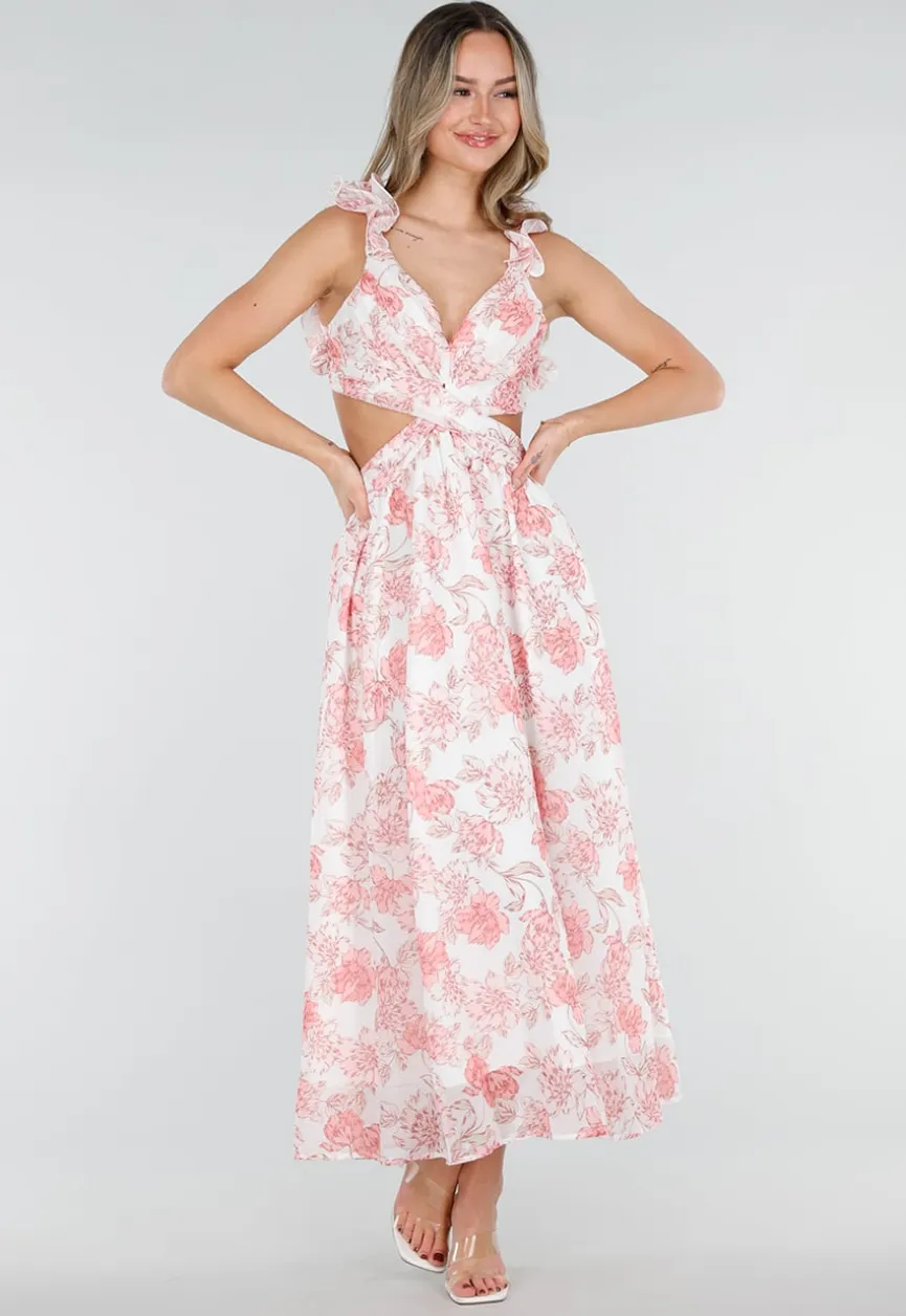 Witte Maxi Jurk met Roze Bloemenprint en Ruches