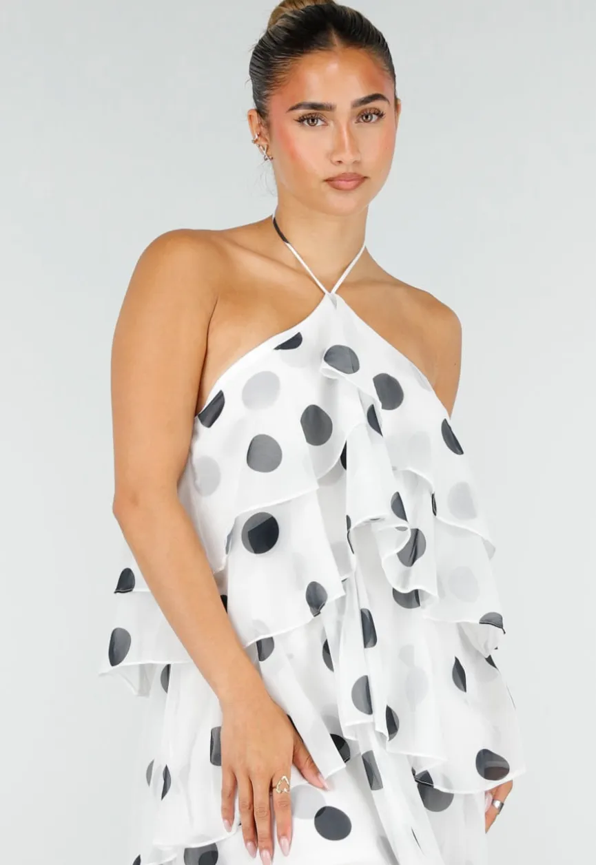 Witte Maxi Jurk met Zwarte Stippen en Volants