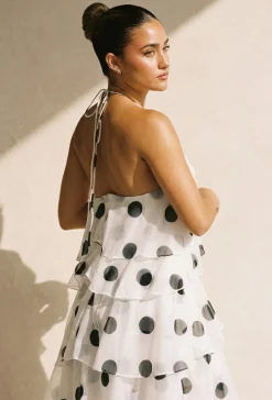 Witte Maxi Jurk met Zwarte Stippen en Volants