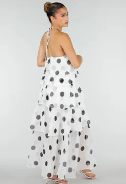 Witte Maxi Jurk met Zwarte Stippen en Volants