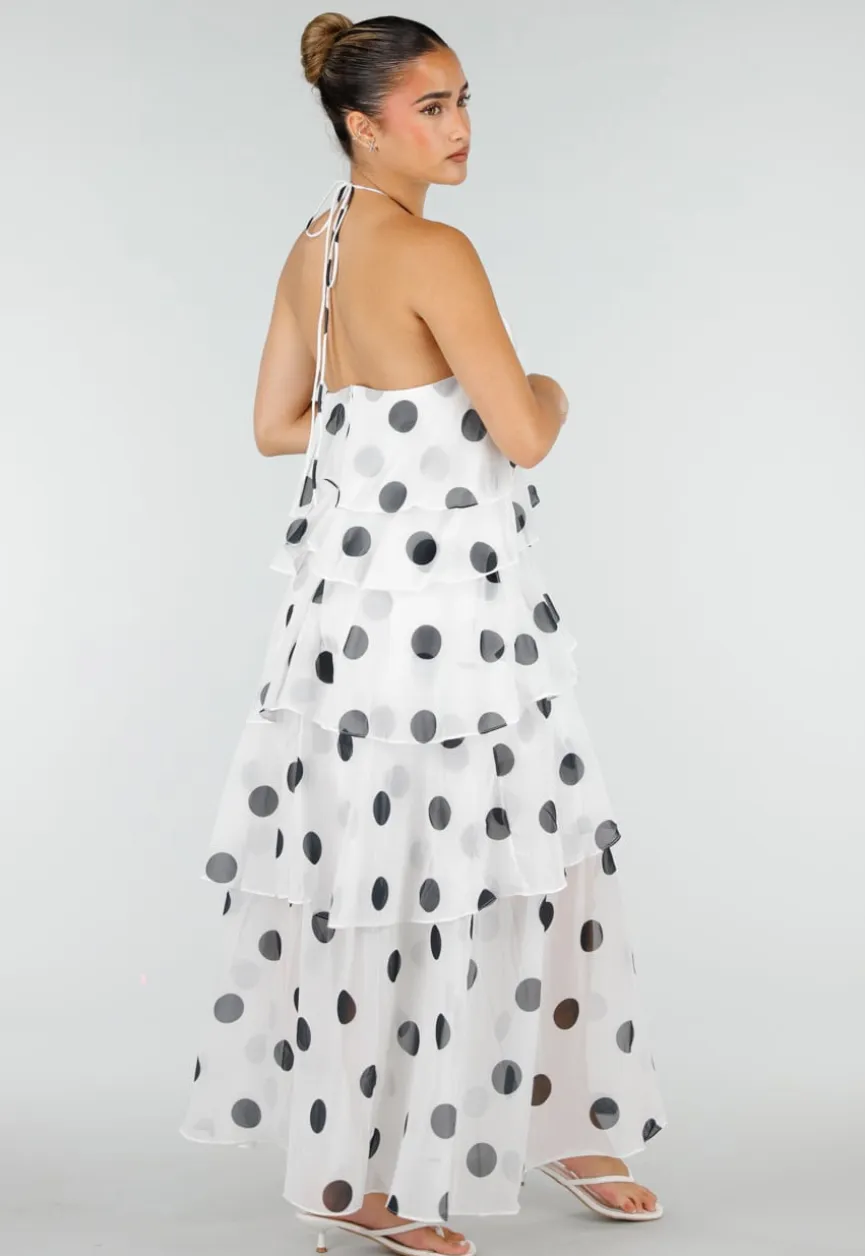 Witte Maxi Jurk met Zwarte Stippen en Volants