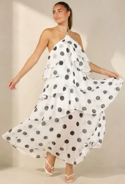 Witte Maxi Jurk met Zwarte Stippen en Volants