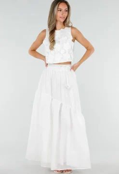 Witte Maxi Rok met Strikceintuur en Volant