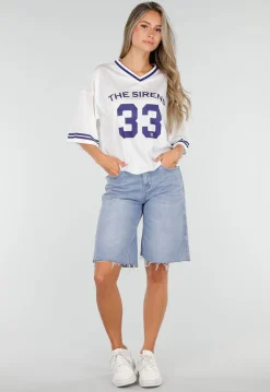 Witte Mesh Oversized Jersey T-Shirt met V-Hals