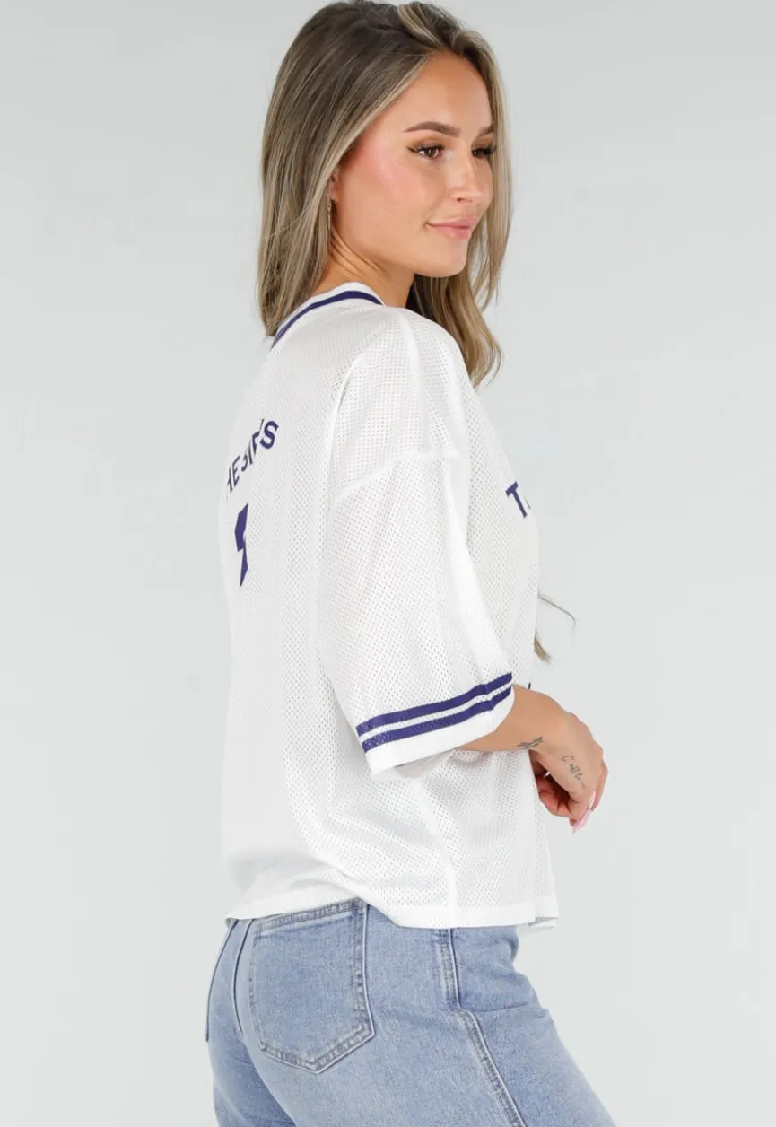 Witte Mesh Oversized Jersey T-Shirt met V-Hals