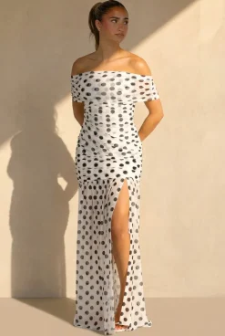Witte Mesh Polkadot Maxi Jurk met Split