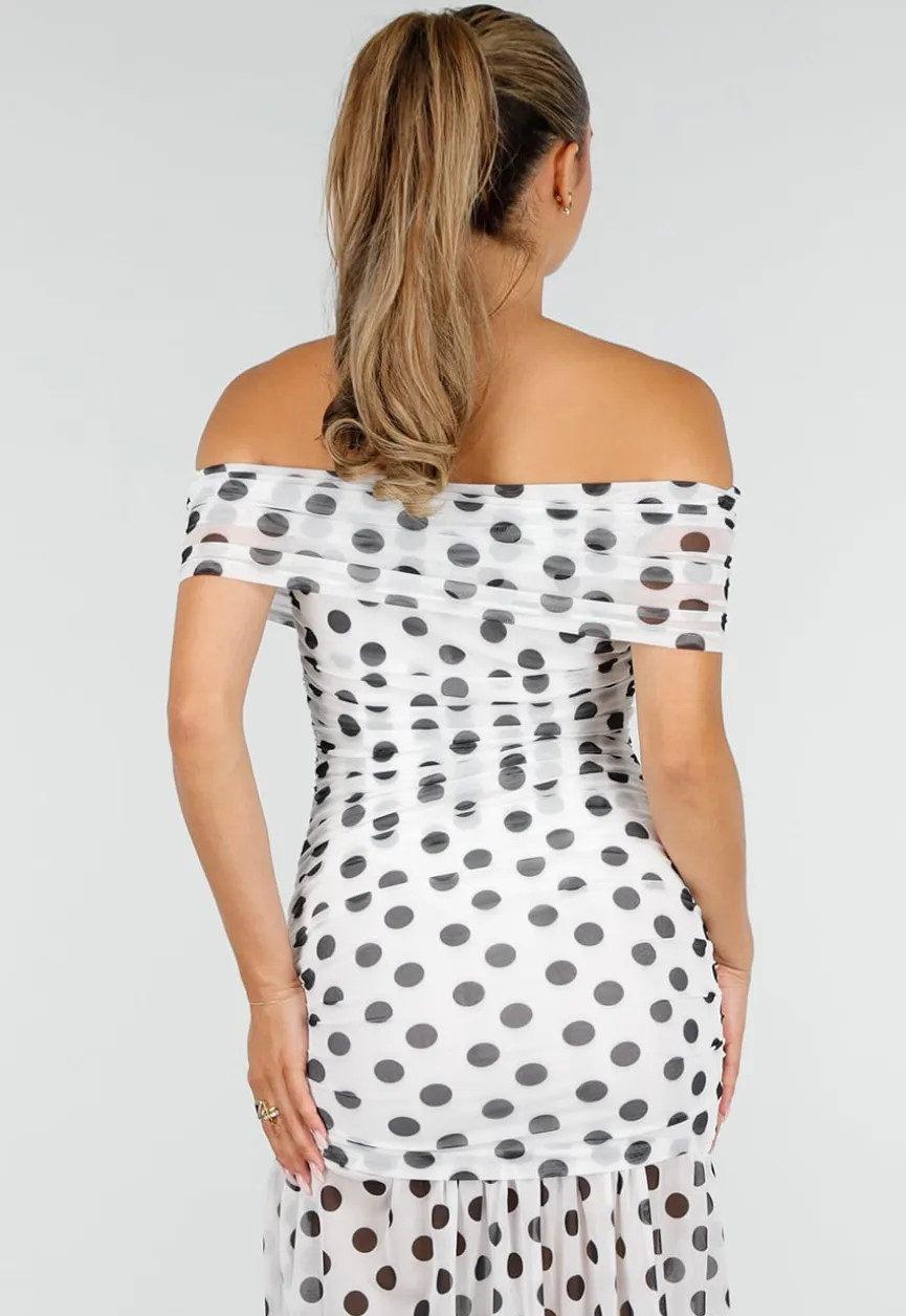 Witte Mesh Polkadot Maxi Jurk met Split