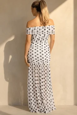Witte Mesh Polkadot Maxi Jurk met Split
