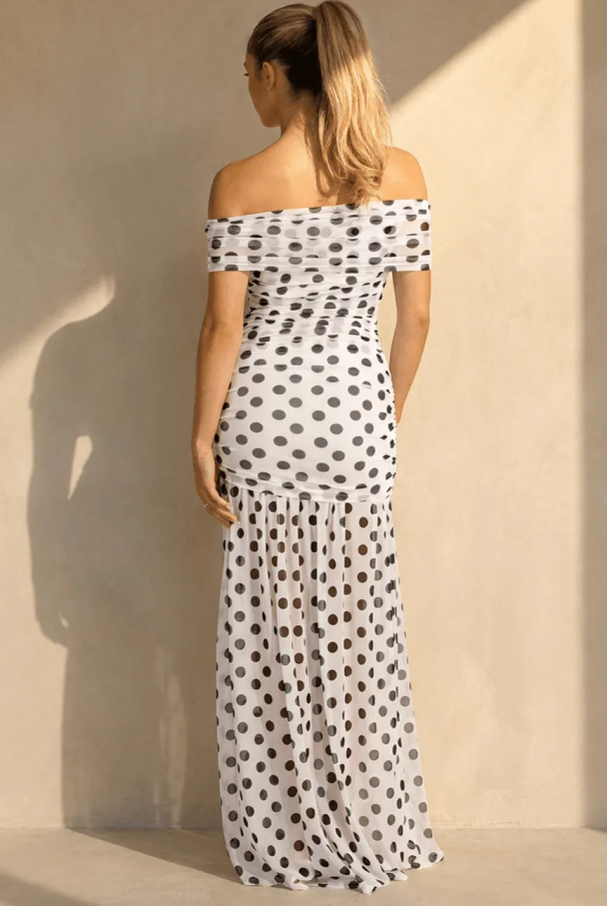 Witte Mesh Polkadot Maxi Jurk met Split