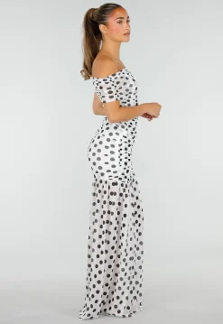 Witte Mesh Polkadot Maxi Jurk met Split